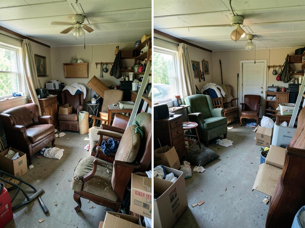 Cluttered garage packed with old furniture and boxes before a Junk-In-The-Trunk cleanout