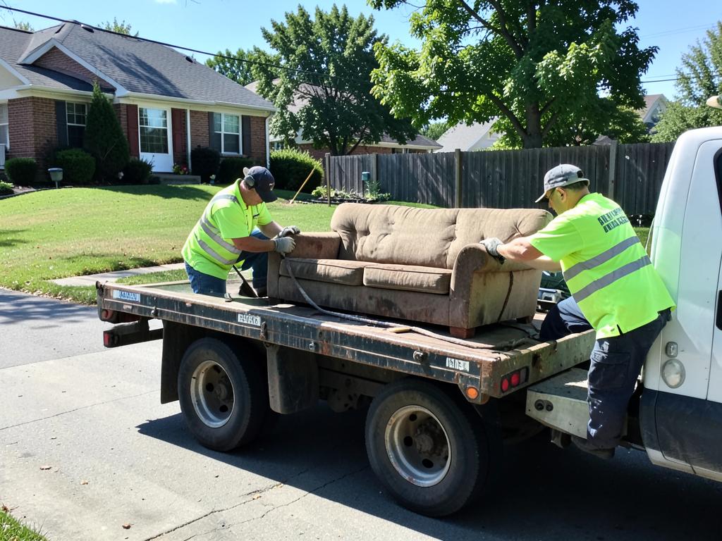 Two crew members loading an old sofa onto a flatbed truck in a Charlotte driveway