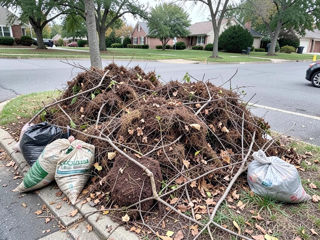 Pile of branches, mulch bags and yard waste at a curb waiting for pickup